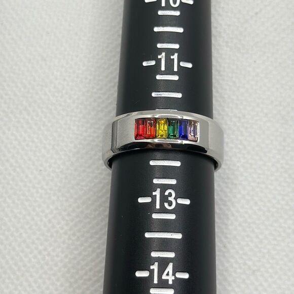 NWOT Size 12 Titanium band with rainbow flag stones - Picture 5 of 5